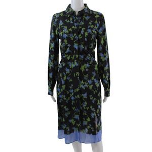 Aquazzura Womens Button Front Collared Silk Floral Dress Black Green Blue IT 38